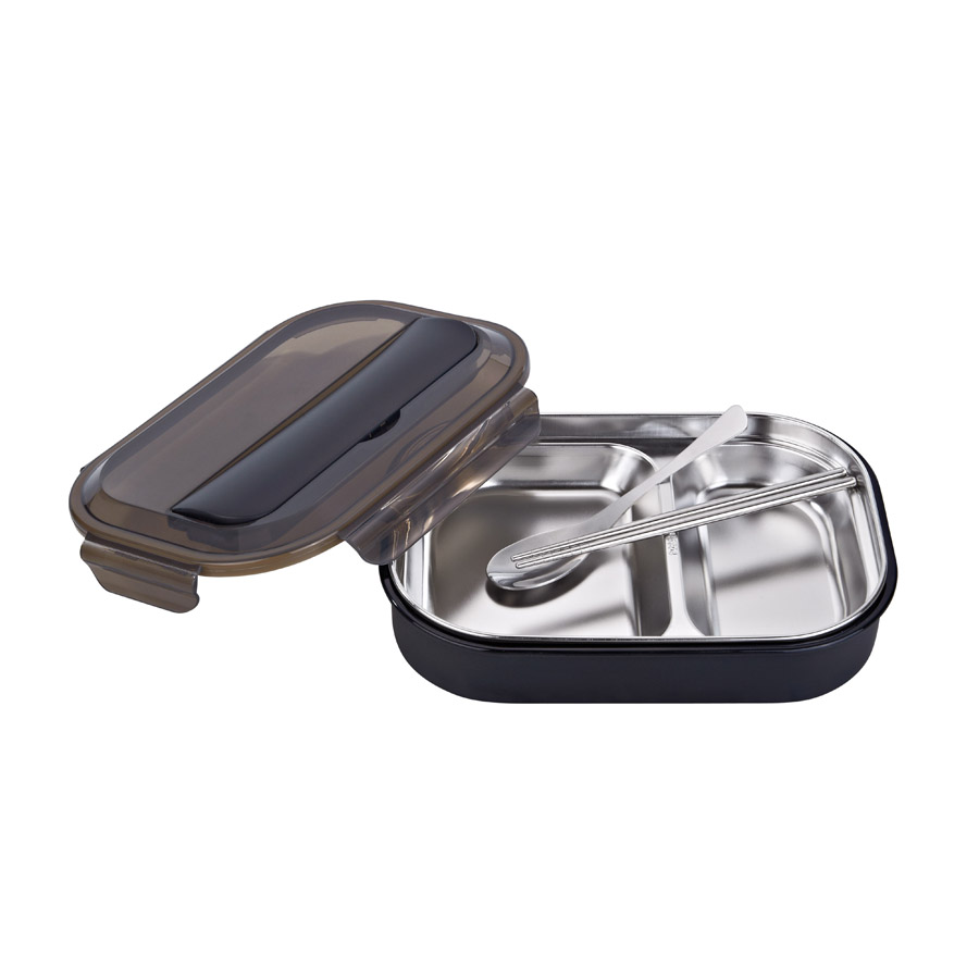 R-8844 黑色 美時不銹鋼套裝飯盒（2格）材質：PP+304不銹鋼 產(chǎn)品尺寸：（cm）長25.5x寬18.2x高6.jpg